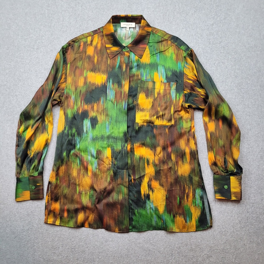 Lafayette 148 Button Up Shirt Womens XS Green Abstract Print Viscose Long Sleeve